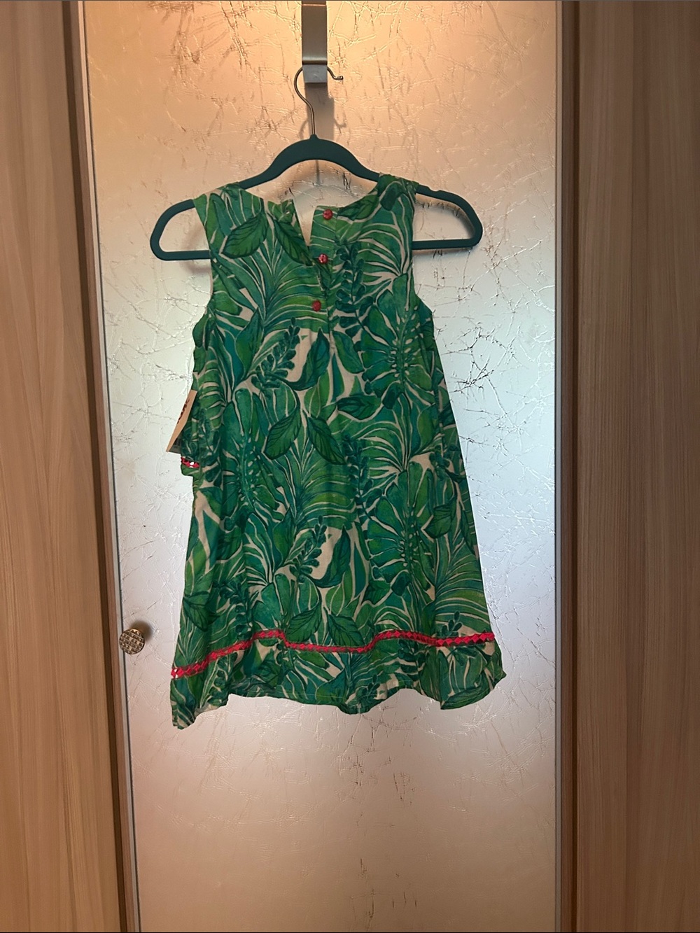 Tommy Bahama Green Tropical Leaf Sleeveless Dress with Red Trim